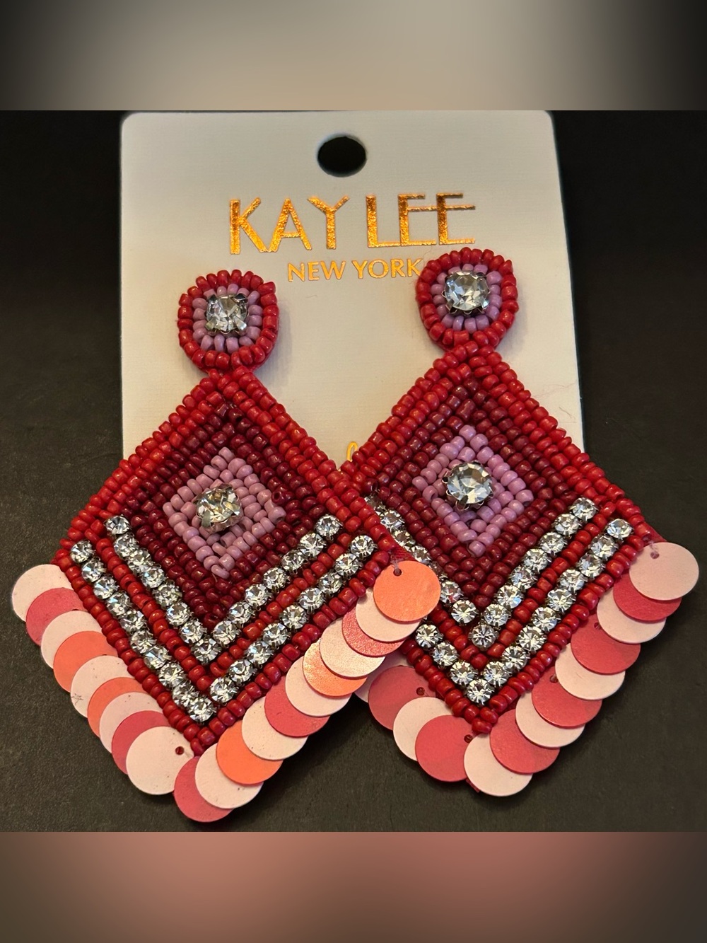 Kay Lee New York Red & Silver Hand Beaded Boho Design Statement Drop Earrings